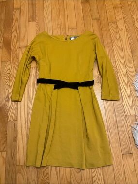 Mustard Yellow Fit-and-Flare Dress with Black Velvet Belt